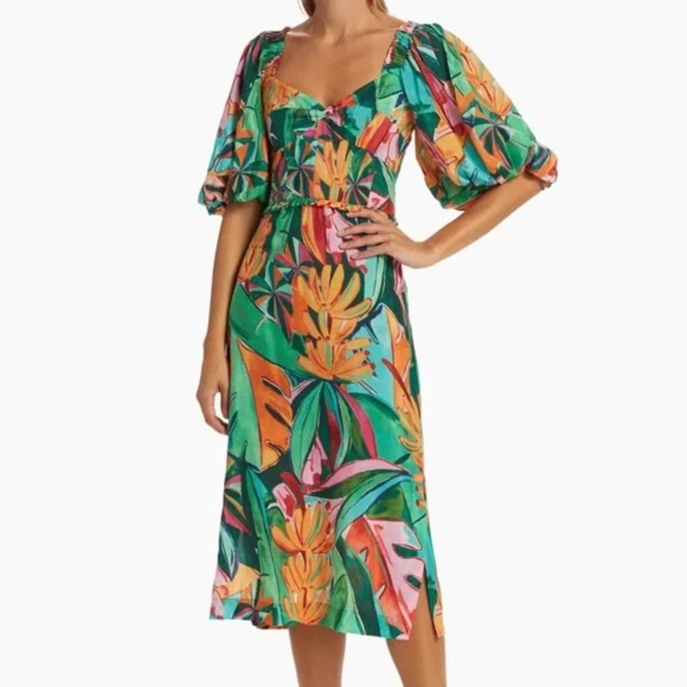 Farm Rio Women's Banana Foliage Multicolor Puffed Sleeve Midi Dress